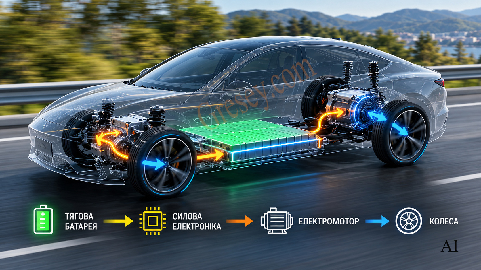 BYD Seal 08 EV у русі з візуалізацією тягової батареї, силової електроніки, електромоторів і передавання енергії до коліс. BYD Seal 08 EV in motion with a visualization of the traction battery, power electronics, electric motors and energy transfer to the wheels.