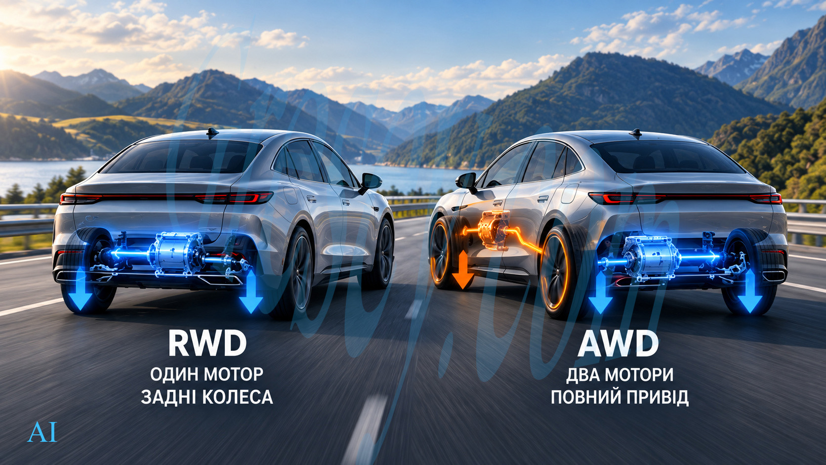 Два BYD Seal 08 EV поруч: задньопривідна версія RWD з одним заднім електромотором і повнопривідна версія AWD з переднім та заднім електромоторами. Two BYD Seal 08 EV cars side by side: an RWD version with one rear electric motor and an AWD version with front and rear electric motors.
