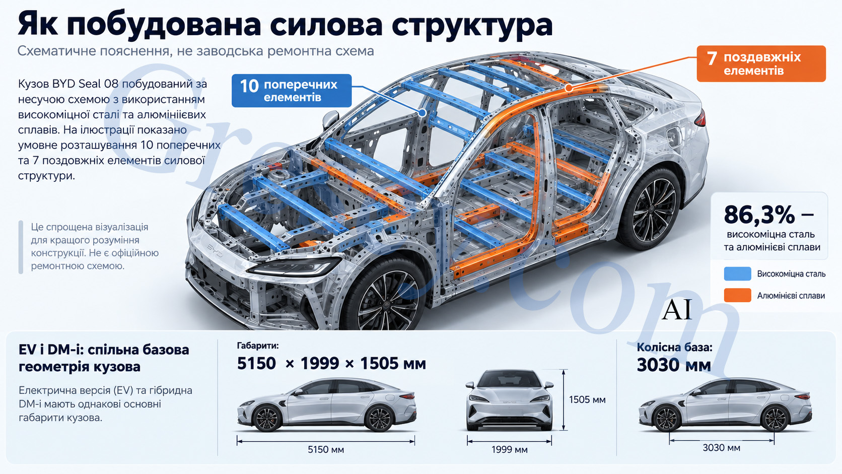 Силовий каркас BYD Seal 08 з виділеними 10 поперечними та 7 поздовжніми елементами, показником 86,3% високоміцної сталі й алюмінієвих сплавів, габаритами 5150 × 1999 × 1505 мм і колісною базою 3030 мм. BYD Seal 08 structural body frame with 10 transverse and 7 longitudinal elements highlighted, an 86.3% share of high-strength steel and aluminum alloys, dimensions of 5150 × 1999 × 1505 mm, and a 3030 mm wheelbase.