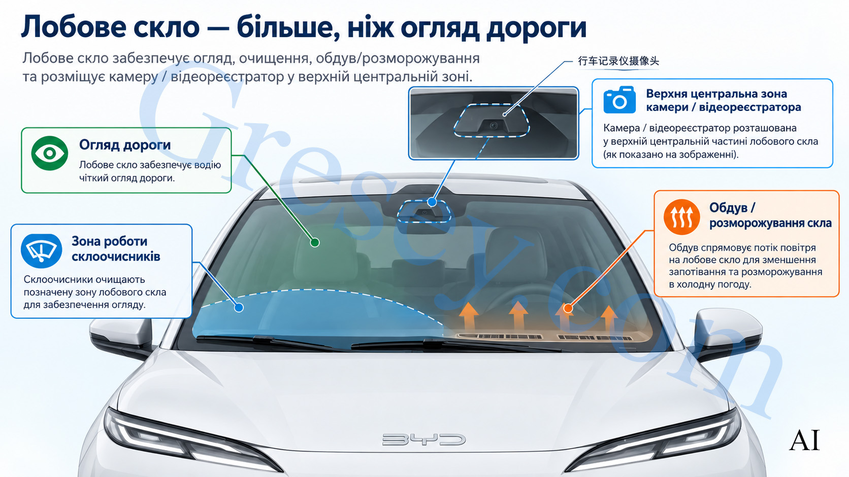 Лобове скло BYD Seal 08 з позначеною верхньою центральною зоною камер і датчиків. BYD Seal 08 windshield with the upper central camera and sensor area highlighted.