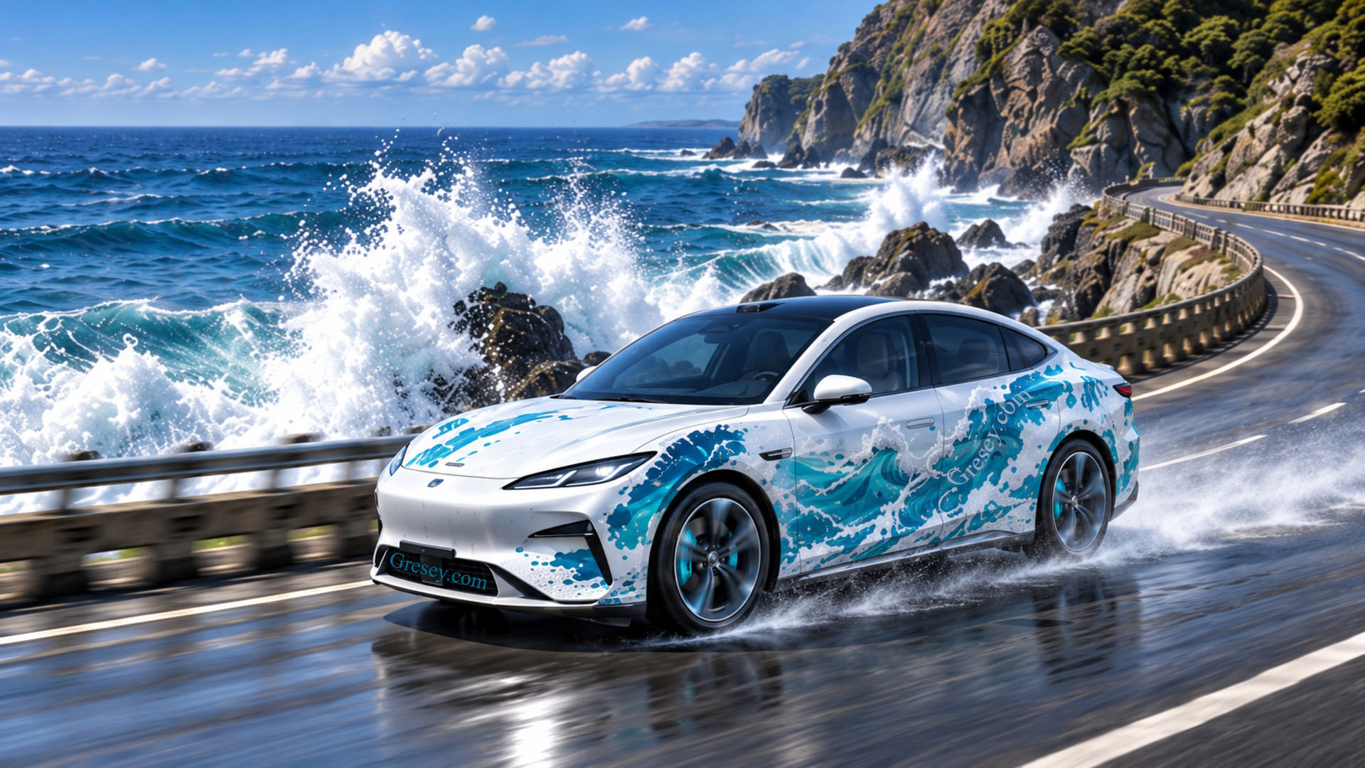 BYD Seal 08 EV у біло-бірюзовій лівреї з океанськими хвилями рухається мокрим прибережним серпантином біля скель і прибою. BYD Seal 08 EV in a white-and-turquoise ocean-wave livery drives along a wet coastal road beside cliffs and breaking surf.