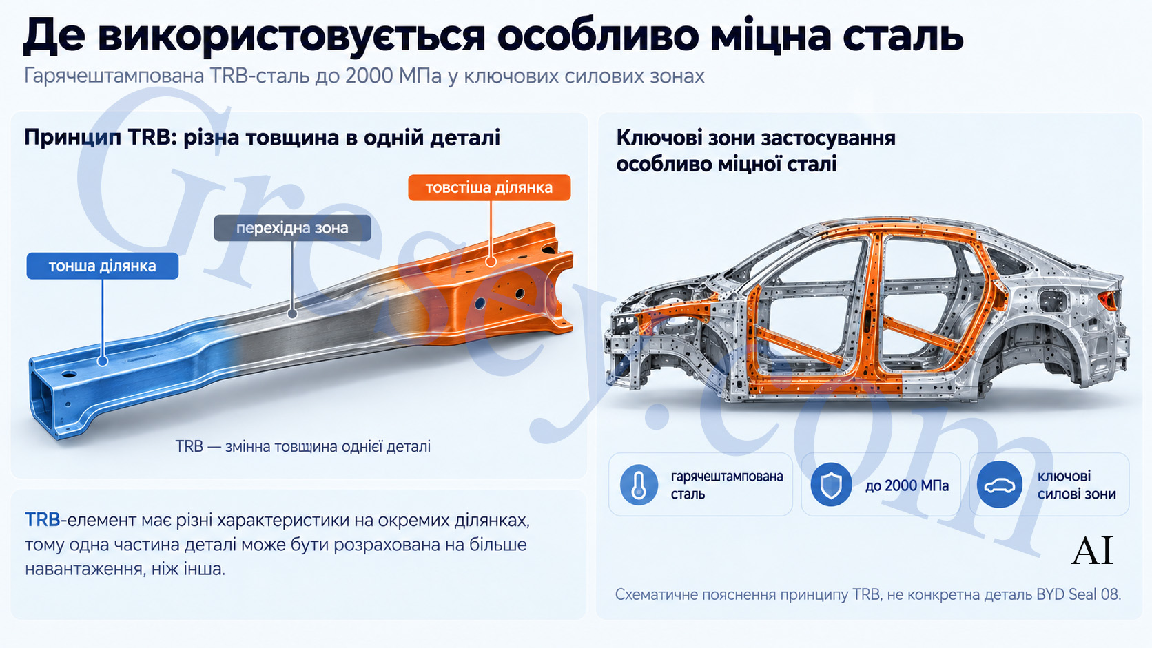 Схема TRB-елемента зі тоншою, перехідною та товстішою ділянками поруч із кузовним каркасом BYD Seal 08, де помаранчевим позначені ключові силові зони з гарячештампованою сталлю до 2000 МПа. Diagram of a TRB element with thinner, transition, and thicker sections next to the BYD Seal 08 body frame, where key structural zones using hot-stamped steel up to 2000 MPa are highlighted in orange.
