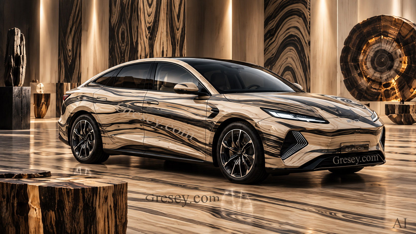 BYD Seal 08 на художній дерев’яно-бурштиновій платформі як ілюстрація різної ролі батареї у версіях EV і DM-i. BYD Seal 08 on an artistic wood-and-amber platform illustrating the different role of the battery in the EV and DM-i versions.