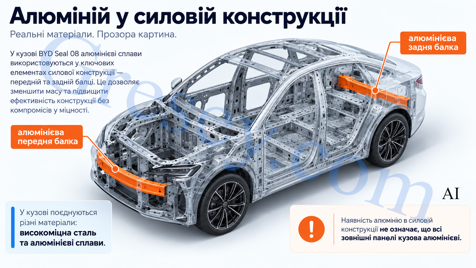 Кузовний каркас BYD Seal 08 з помаранчевим виділенням алюмінієвих передньої та задньої балок і приміткою, що наявність алюмінію в силовій конструкції не означає алюмінієве виконання всіх зовнішніх панелей. BYD Seal 08 body frame with the aluminum front and rear beams highlighted in orange and a note that aluminum in the structural frame does not mean all exterior body panels are aluminum.
