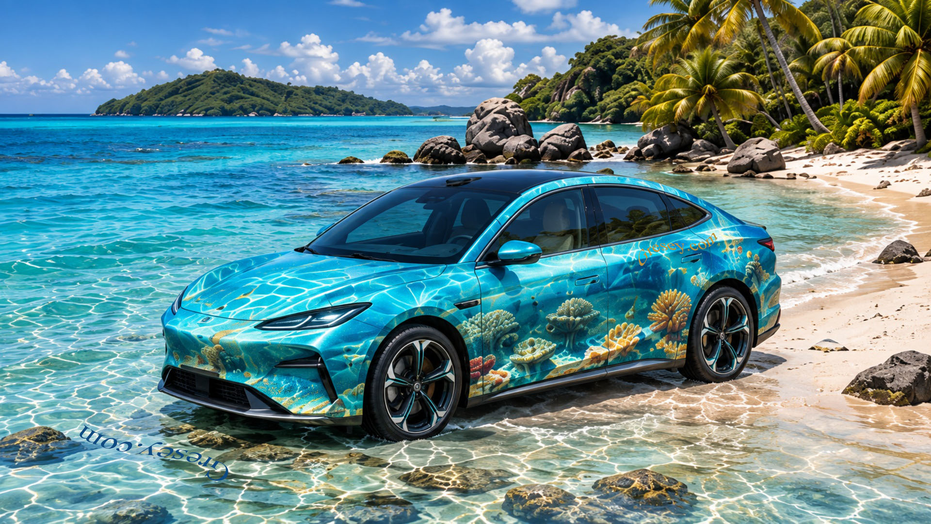 BYD Seal 08 EV у бірюзовій лівреї з кораловим рифом стоїть на тропічному мілководді біля піщаного берега. BYD Seal 08 EV in a turquoise coral-reef livery stands in tropical shallows beside a sandy shore.