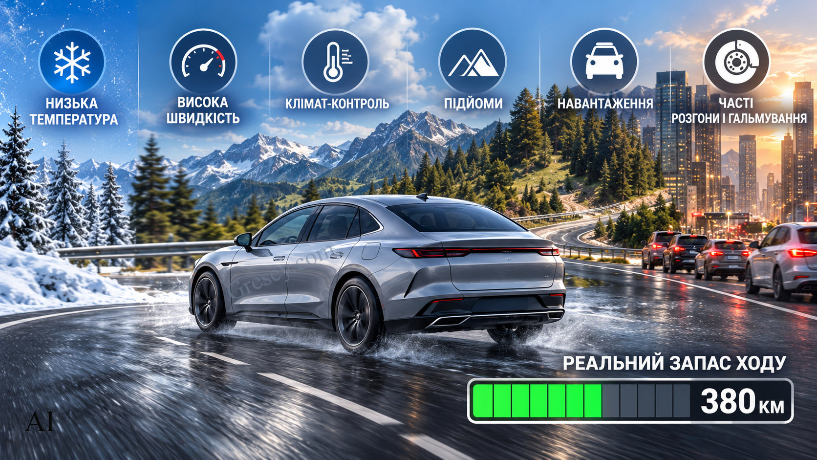 BYD Seal 08 EV на дорозі між зимовою, гірською та міською ділянками з піктограмами факторів, що впливають на реальний запас ходу. BYD Seal 08 EV on a road between winter, mountain and urban environments with icons showing factors that affect real-world driving range.