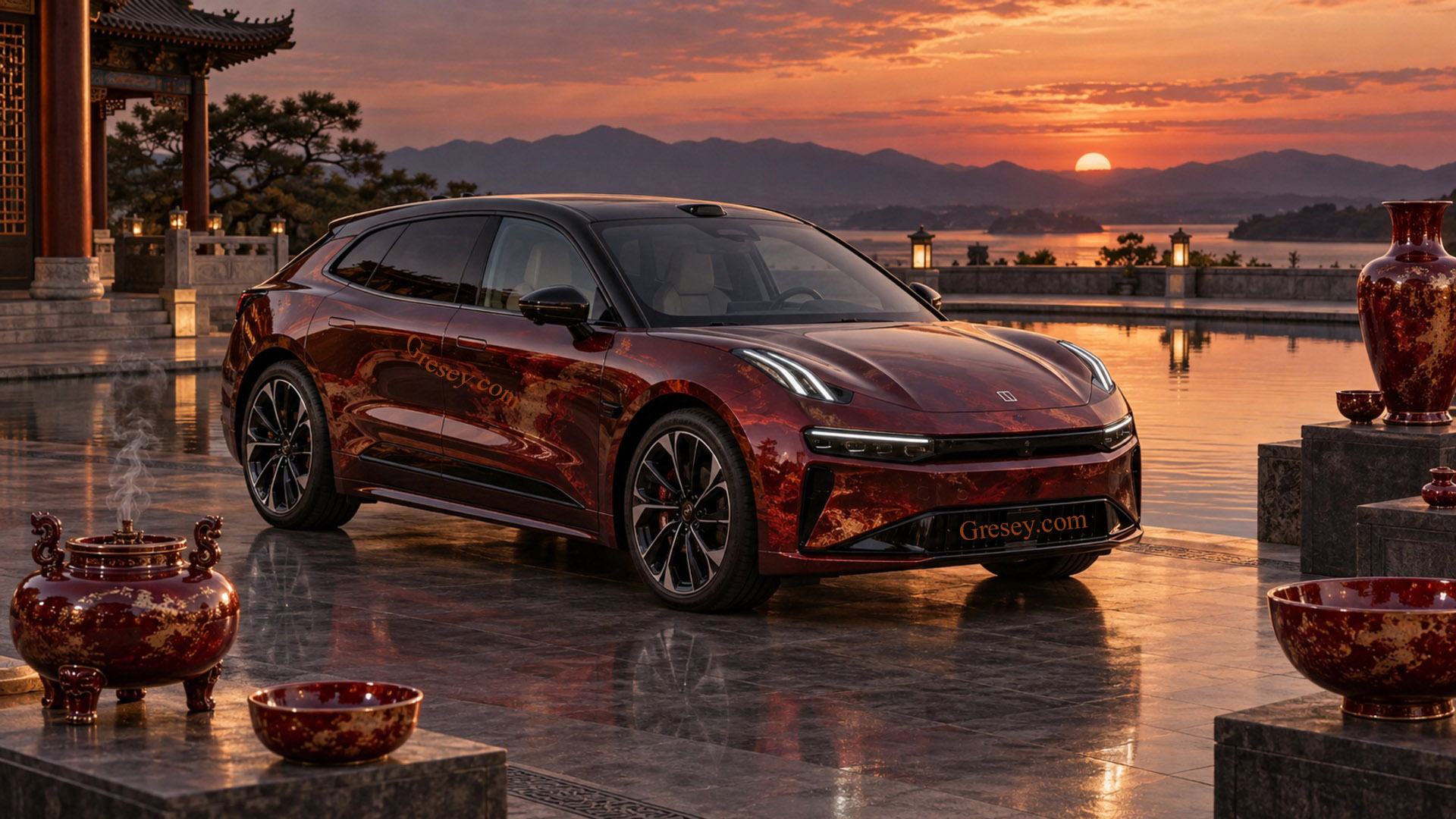 ZEEKR 001 Privilege AWD із червоно-мідним порцеляновим оформленням поруч із вазами та ритуальними посудинами