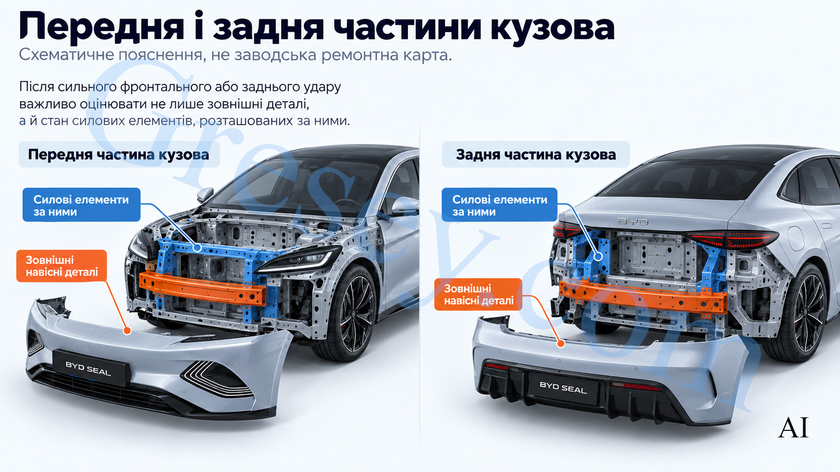 Передня та задня частини BYD Seal 08 зі знятими бамперами, де зовнішні навісні деталі показані окремо, а силові елементи за ними виділені синім та помаранчевим. Front and rear sections of the BYD Seal 08 with the bumpers removed, showing the exterior bolt-on parts separately and the structural elements behind them highlighted in blue and orange.