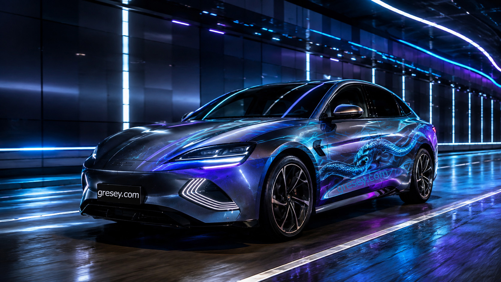 BYD SEAL 2025 модельного року — художня ілюстрація великого технічного оновлення, графітове оформлення зі змією.
