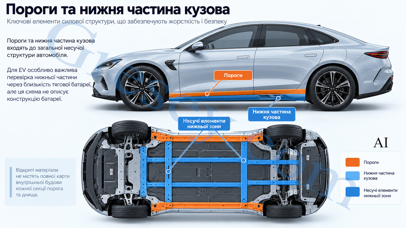 BYD Seal 08 у боковому ракурсі та вигляді знизу, де пороги виділені помаранчевим, нижня частина кузова блакитним, а несучі елементи нижньої зони синім. BYD Seal 08 shown from the side and underneath, with the sills highlighted in orange, the lower body in light blue, and the load-bearing elements of the lower structure in blue.