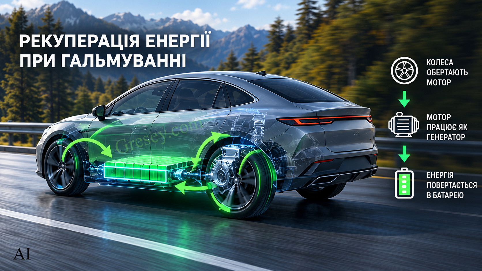 BYD Seal 08 EV під час рекуперативного гальмування з зеленими стрілками від коліс через електромотор до тягової батареї. BYD Seal 08 EV during regenerative braking with green arrows showing energy flowing from the wheels through the electric motor back to the traction battery.