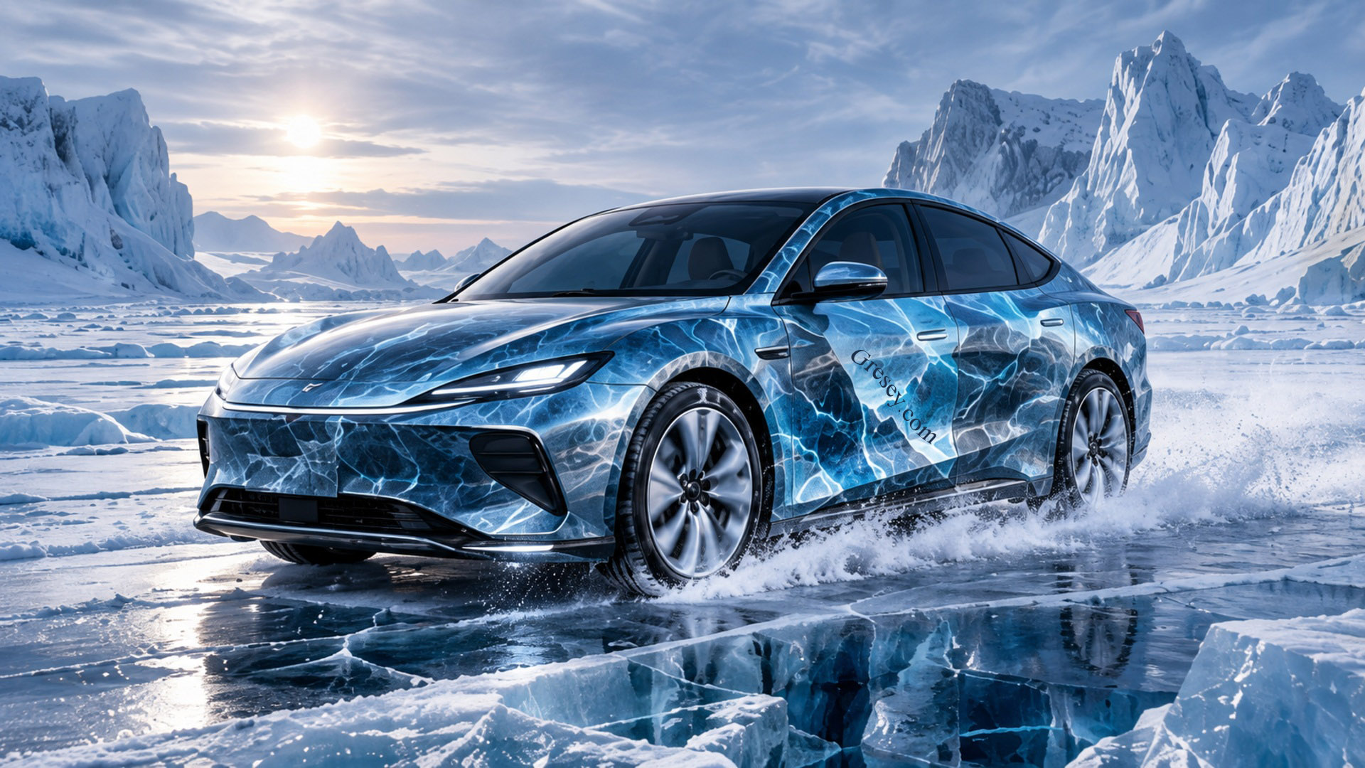 BYD Seal 08 EV у дзеркальній синьо-крижаній лівреї їде замерзлим океаном серед льодових торосів і тріщин. BYD Seal 08 EV in a mirrored blue-ice livery drives across a frozen ocean among ice ridges and cracks.