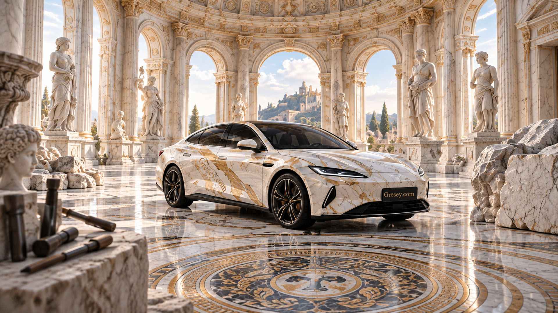 BYD Seal 08 у білому мармурі Calacatta Borghini із золотими прожилками в розкішному залі зі статуями, арками та скульптурними інструментами. BYD Seal 08 in white Calacatta Borghini marble with golden veins in a grand hall with statues, arches and sculpting tools.