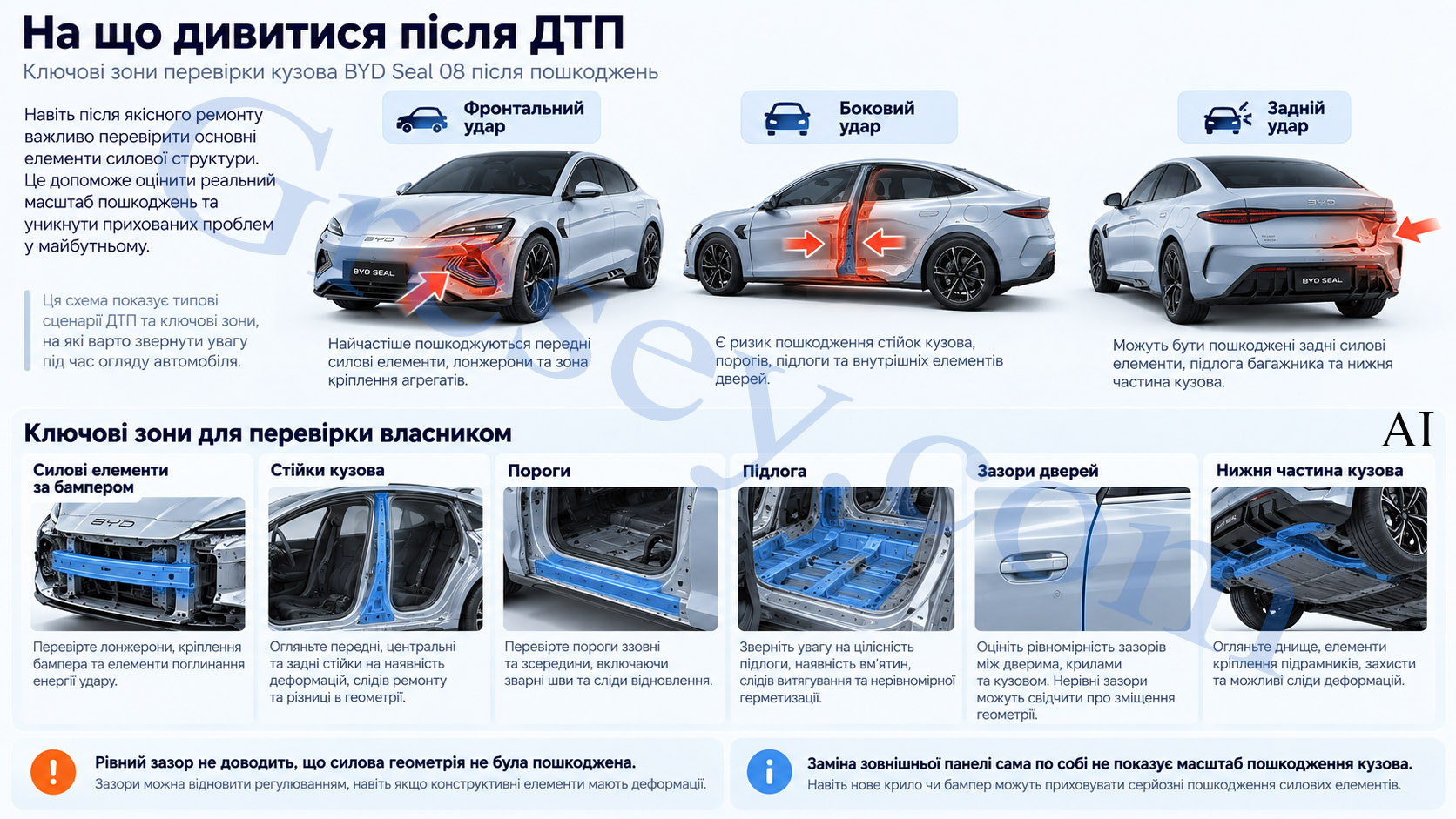 Схема перевірки BYD Seal 08 після ДТП з прикладами фронтального, бокового та заднього ударів і шістьма зонами огляду: силовими елементами за бампером, стійками кузова, порогами, підлогою, дверними зазорами та нижньою частиною кузова. BYD Seal 08 post-accident inspection diagram with frontal, side, and rear impact examples and six inspection areas: structural elements behind the bumper, body pillars, sills, floor, door gaps, and the lower body.