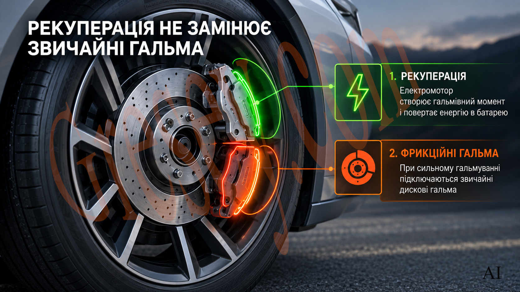 Крупний план колеса BYD Seal 08 EV із дисковим гальмом та виділеними зонами рекуперативного і фрикційного гальмування. Close-up of a BYD Seal 08 EV wheel with a disc brake and highlighted regenerative and friction braking zones.