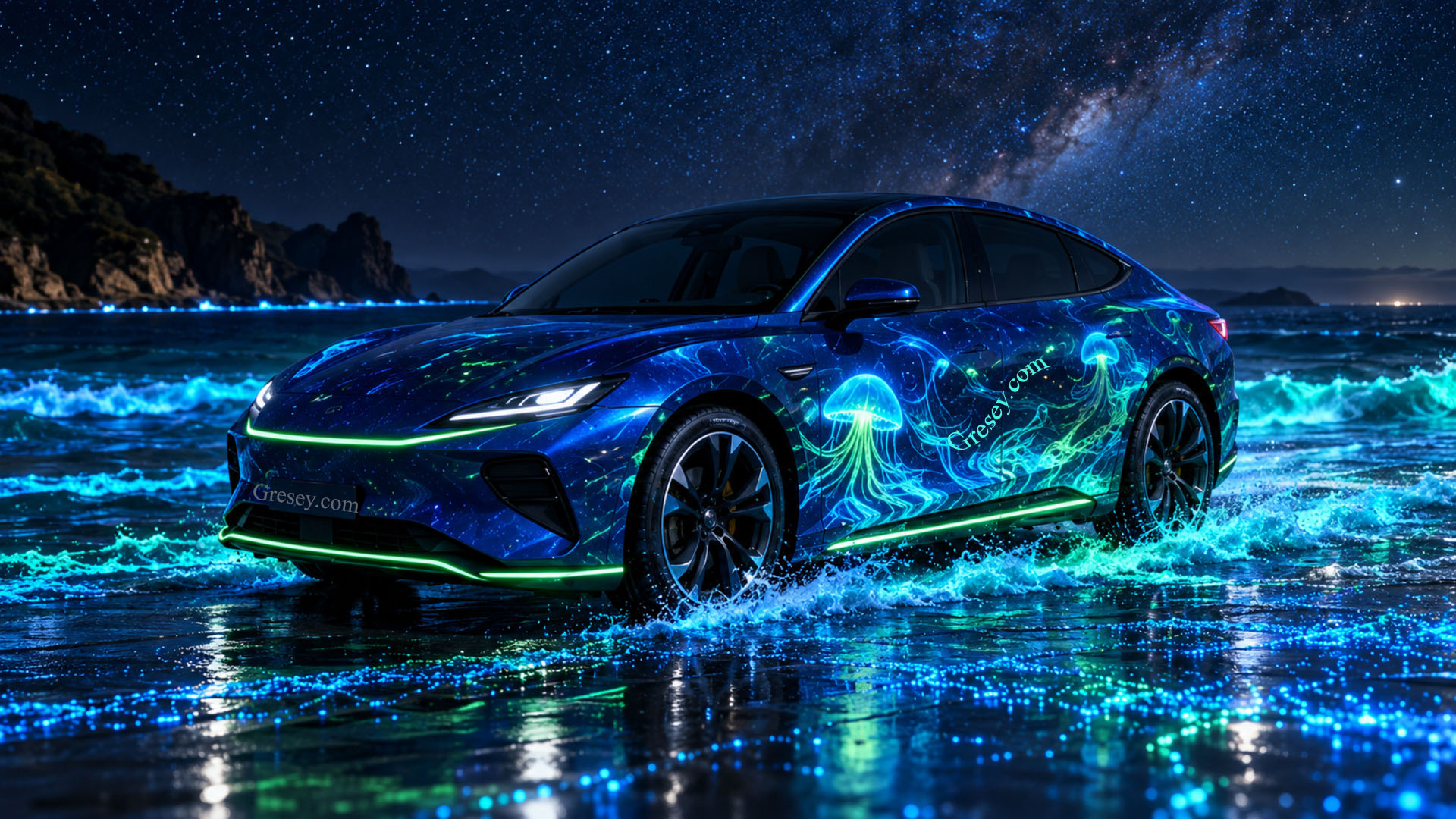 Темно-синій BYD Seal 08 EV у лівреї зі світними медузами їде мокрим пляжем серед блакитного й зеленого сяйва планктону. Dark blue BYD Seal 08 EV in a glowing-jellyfish livery drives along a wet beach amid blue and green bioluminescent plankton.