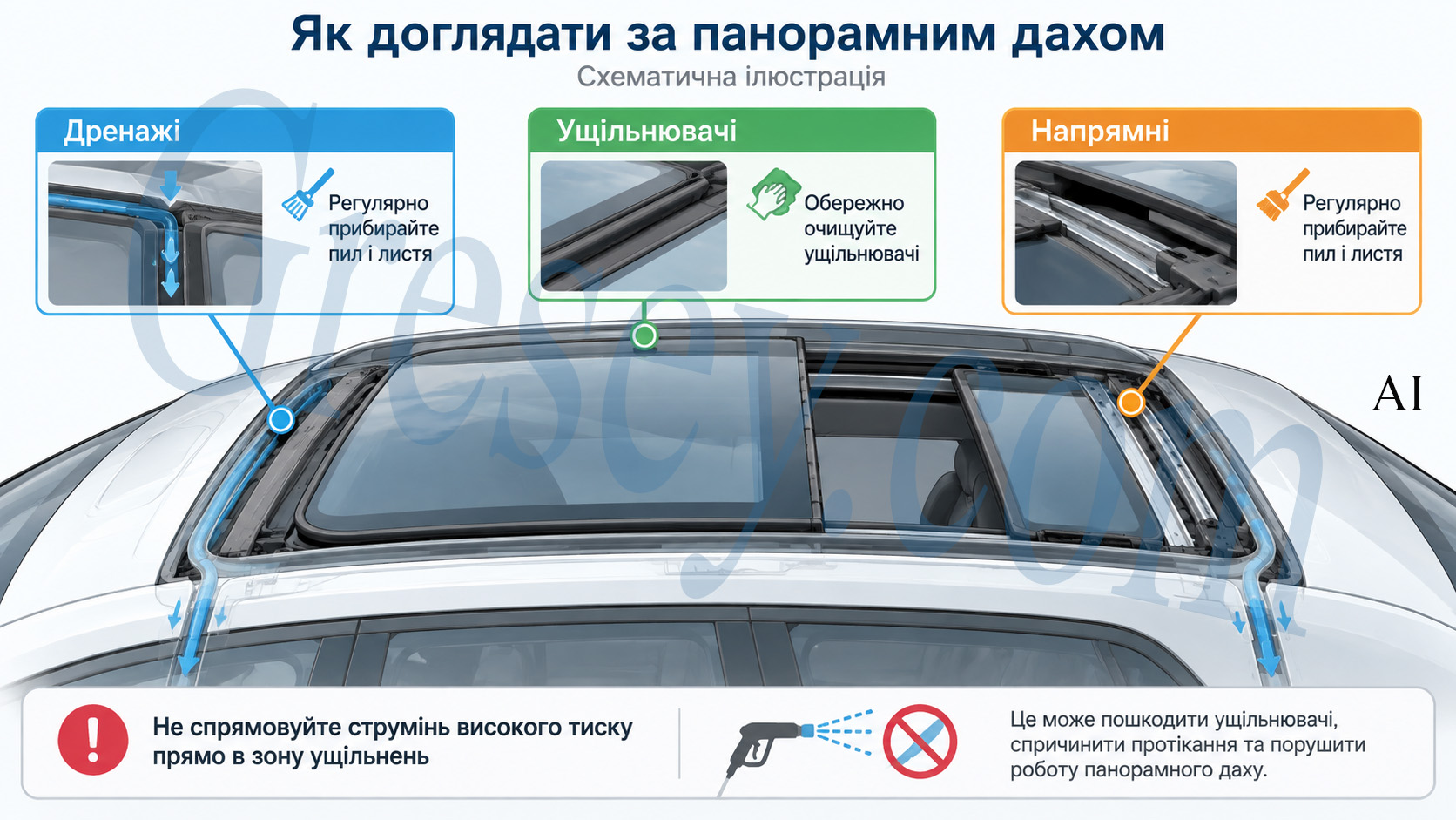 BYD Seal 08 з рекомендаціями щодо очищення ущільнювачів, напрямних і дренажу панорамного даху. BYD Seal 08 with recommendations for cleaning panoramic roof seals, guides, and drainage channels.