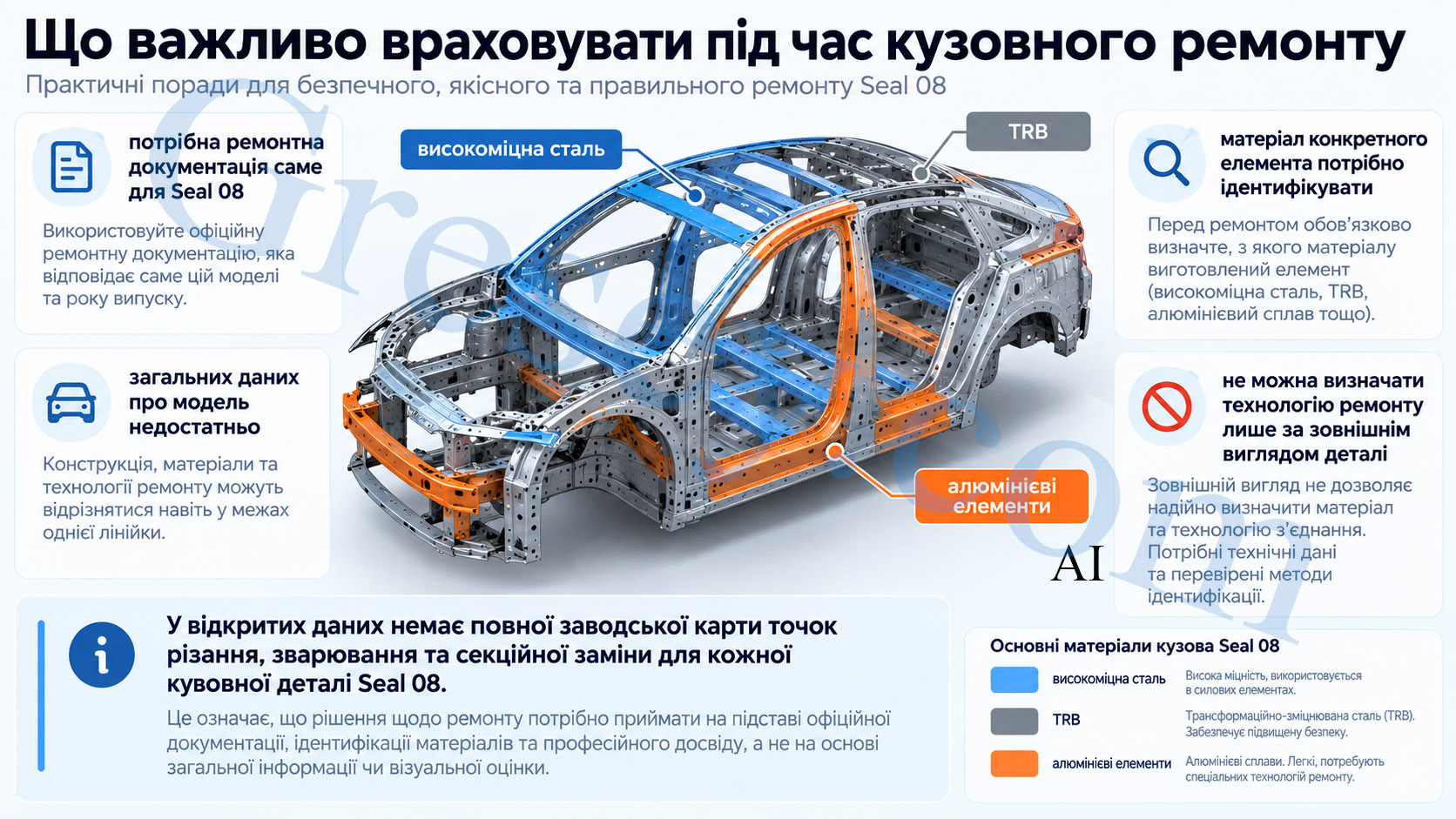 Кузовний каркас BYD Seal 08 з виділенням високоміцної сталі синім, TRB сірим та алюмінієвих елементів помаранчевим, поруч із нагадуваннями про необхідність ремонтної документації, точної ідентифікації матеріалу та неможливість визначити технологію ремонту лише за зовнішнім виглядом. BYD Seal 08 body frame with high-strength steel highlighted in blue, TRB in gray, and aluminum elements in orange, alongside reminders that repair documentation and exact material identification are required and that repair methods cannot be determined from appearance alone.