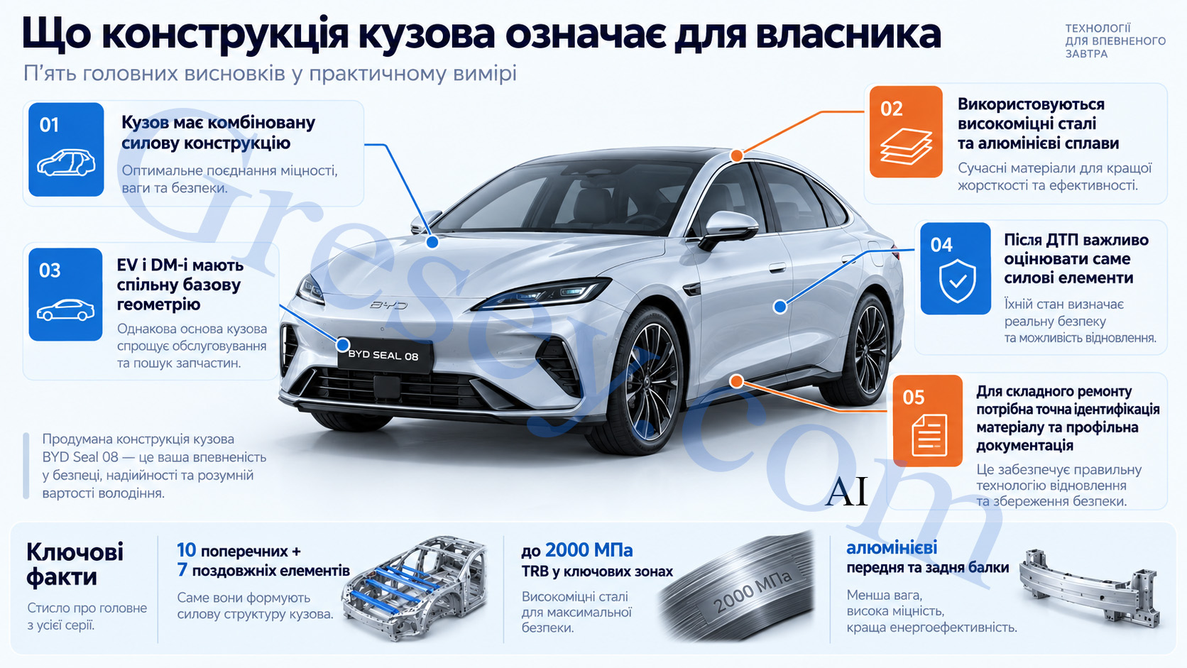 BYD Seal 08 з п'ятьма практичними висновками для власника: комбінована силова конструкція, використання високоміцної сталі й алюмінієвих сплавів, спільна базова геометрія EV і DM-i, необхідність оцінювати силові елементи після ДТП та потреба в точній ідентифікації матеріалу й профільній документації під час ремонту. BYD Seal 08 with five practical points for the owner: a mixed structural body design, the use of high-strength steel and aluminum alloys, shared basic geometry for EV and DM-i, the need to inspect structural elements after an accident, and the requirement for precise material identification and model-specific documentation during repairs.