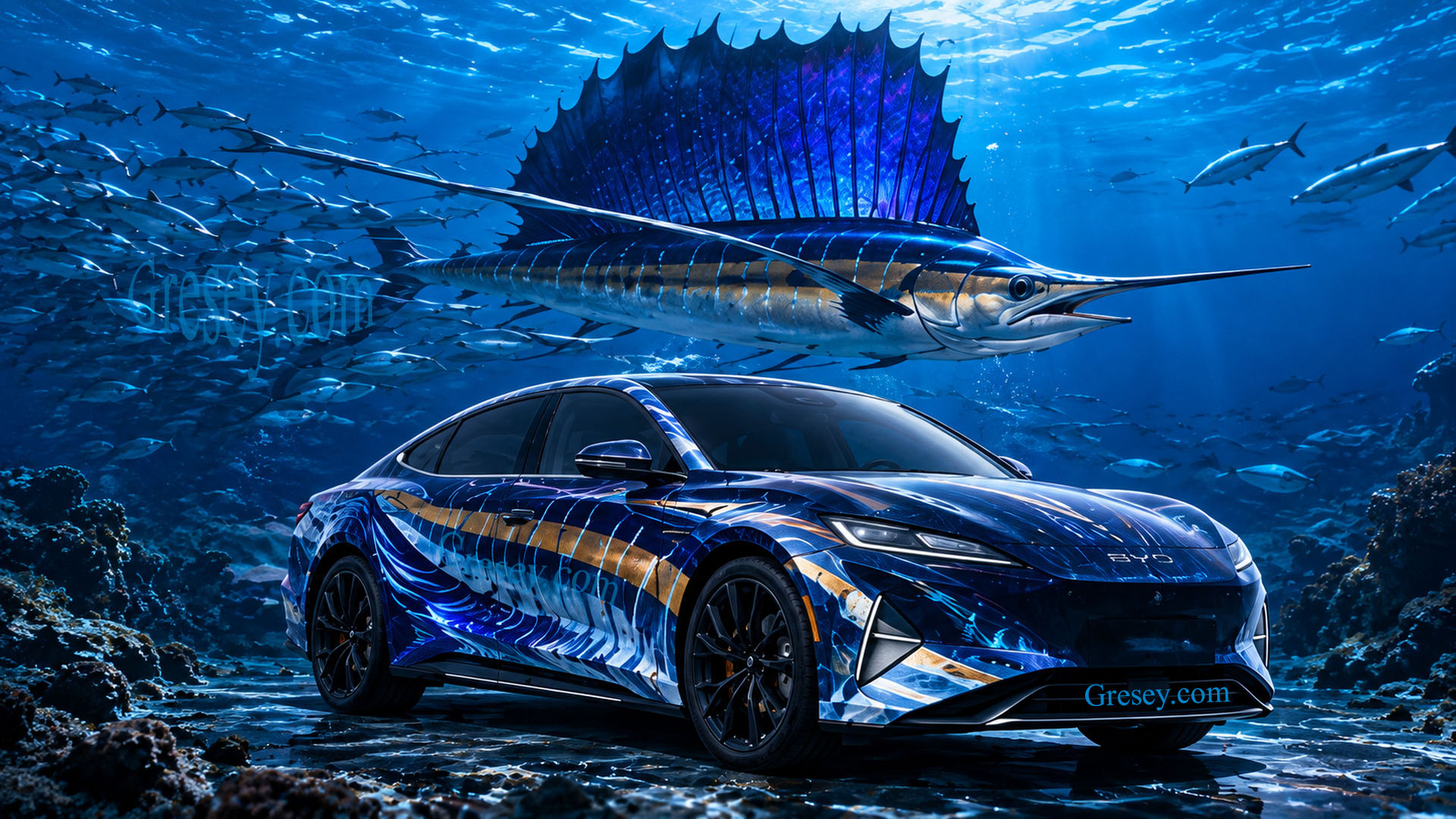 BYD Seal 08 DM-i зі стилізацією під рибу-вітрильника у підводній сцені / BYD Seal 08 DM-i with sailfish-inspired livery in an underwater scene