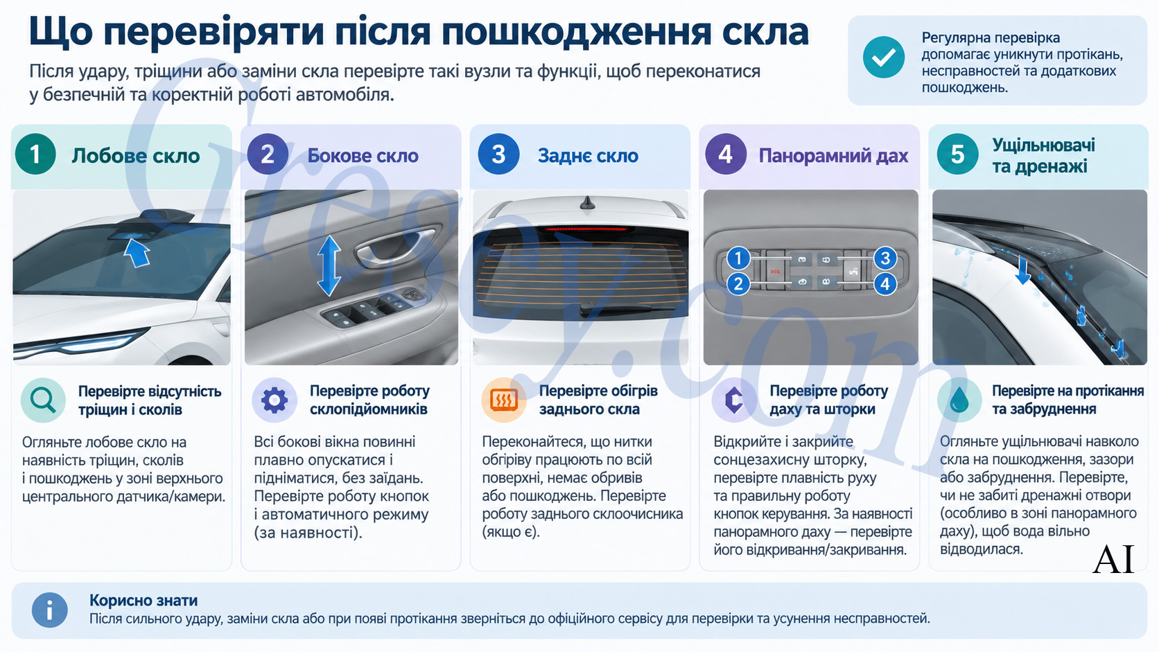 BYD Seal 08 зі схемою перевірок лобового, бокового й заднього скла та панорамного даху після пошкодження. BYD Seal 08 showing checks for the windshield, side and rear glass, and panoramic roof after glass damage.
