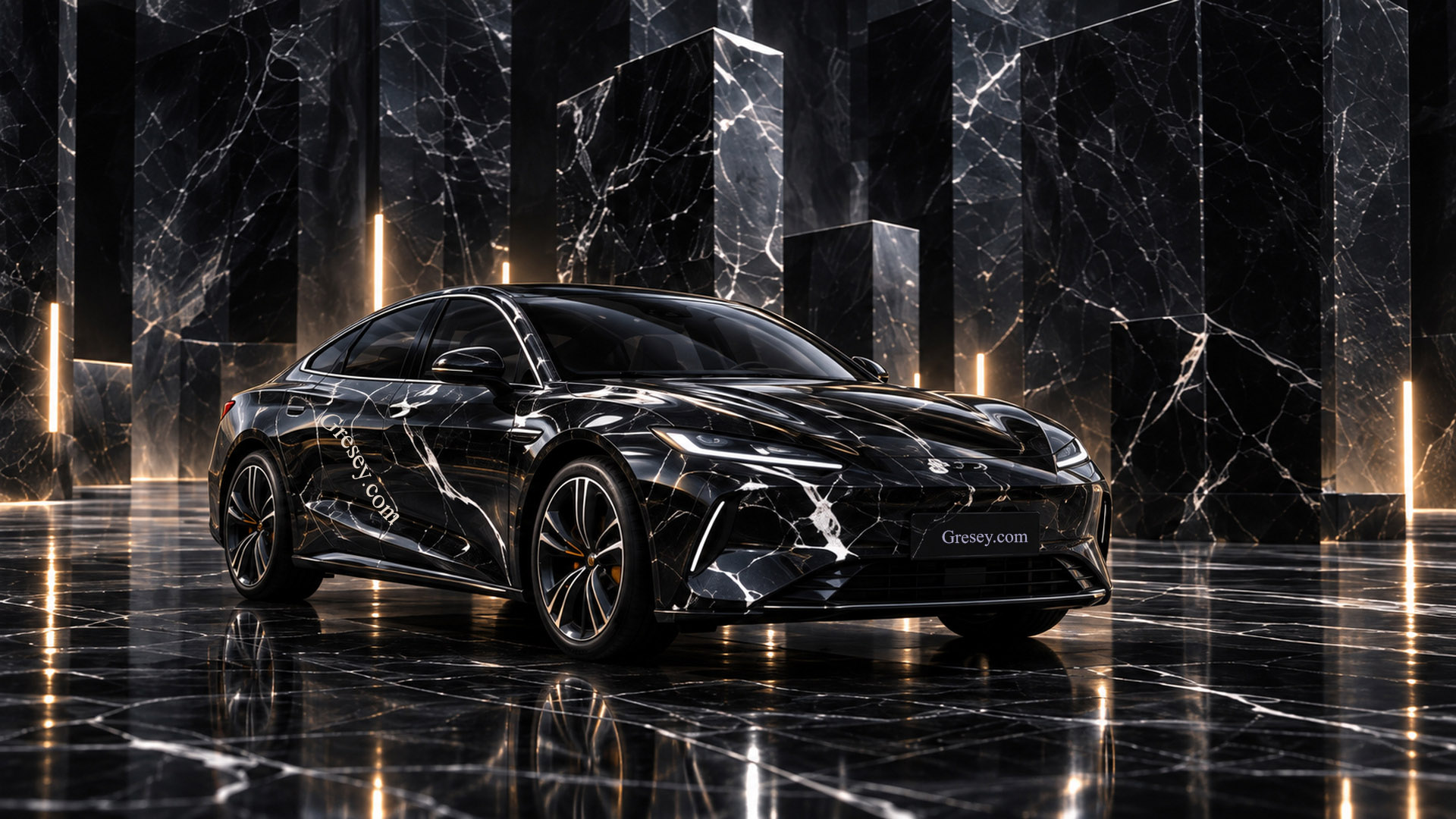 BYD Seal 08 з чорним мармуровим оформленням Nero Marquina серед високих чорних мармурових монолітів. BYD Seal 08 with Nero Marquina black marble styling among tall black marble monoliths.