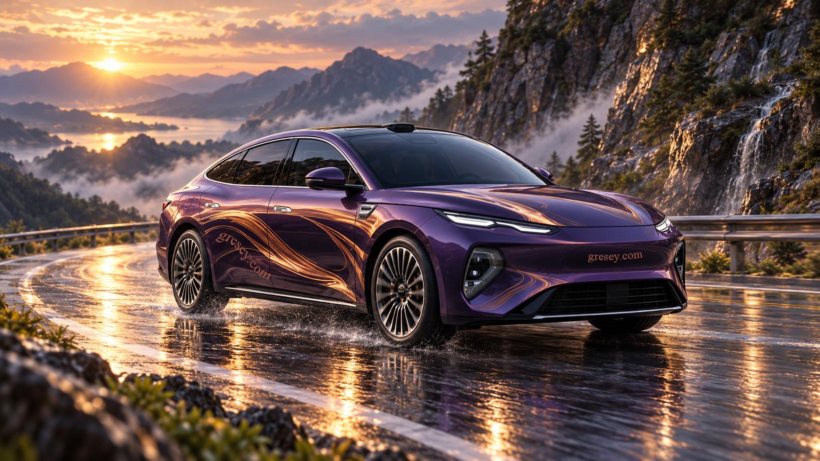Темно-фіолетовий повнопривідний седан Seal 08 EV 785 AWD Flagship із двома мідно-золотими потоками, спрямованими вздовж кузова.