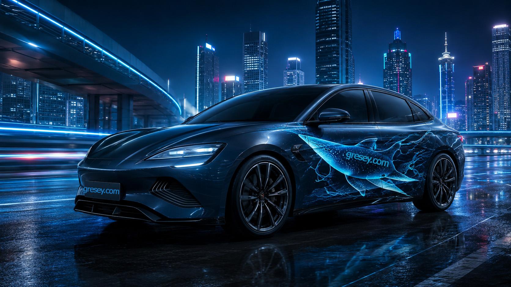 Електричний седан BYD SEAL на нічній міській трасі з малюнком манти на боковині.