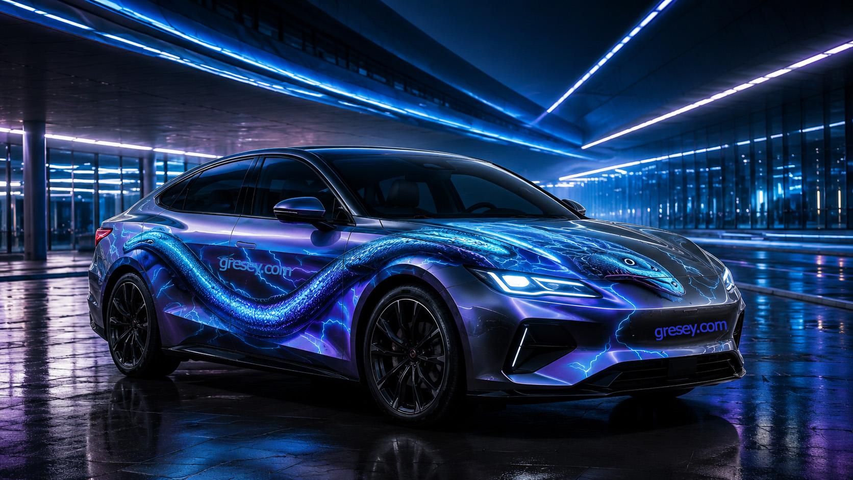 Електричний седан BYD SEAL у футуристичному комплексі з малюнком електричного вугра, що переходить із боковини на капот.