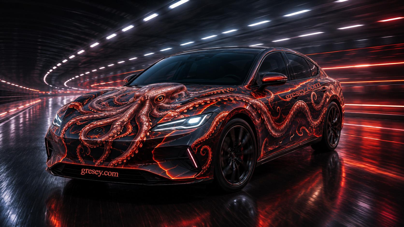 Електричний седан BYD SEAL у світловому тунелі з намальованим восьминогом, щупальця якого охоплюють капот і боковини.