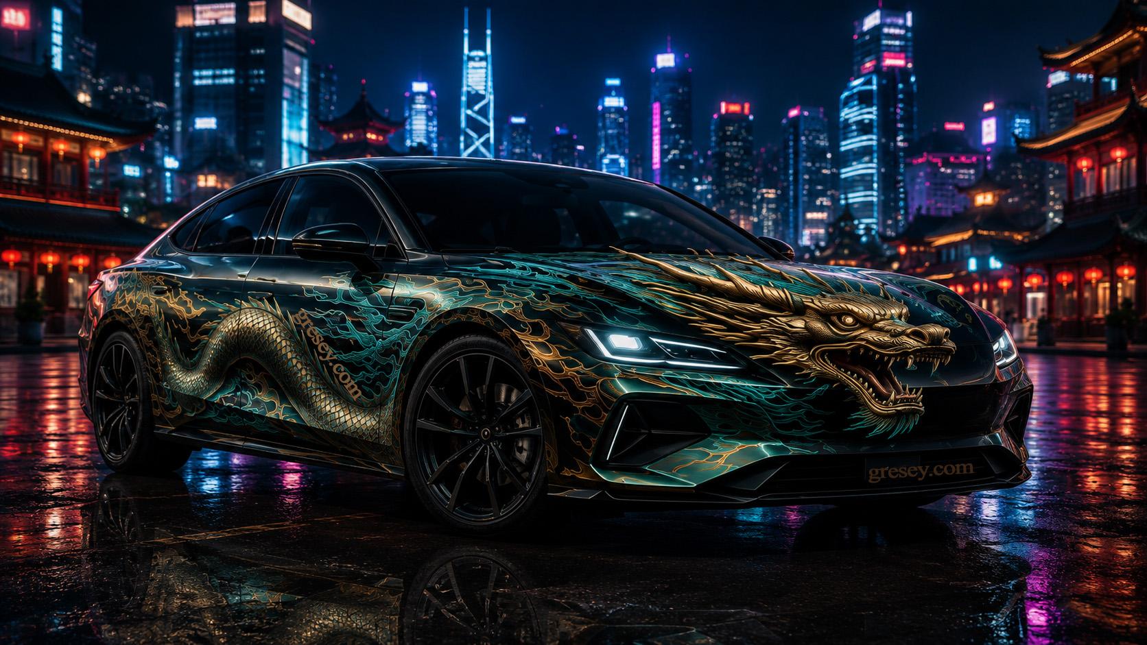 Електричний седан BYD SEAL у нічному азійському мегаполісі з малюнком дракона вздовж кузова та з головою на капоті.
