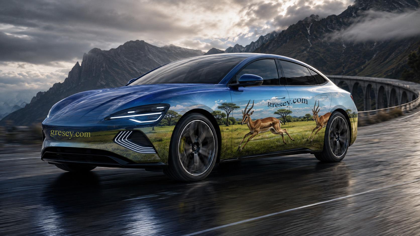 Електричний седан BYD SEAL із розписом зеленої савани та двох антилоп, що біжать.