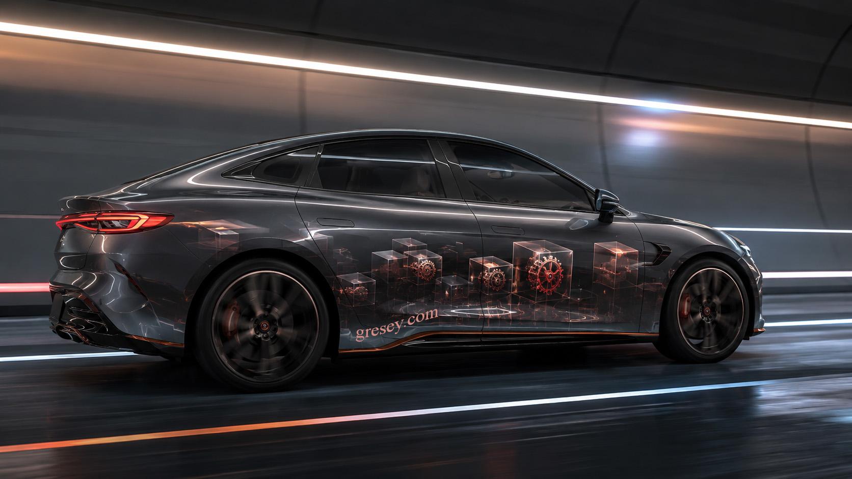  Електричний седан BYD SEAL у світному тунелі з технологічним розписом із прозорих кубів і шестерень.