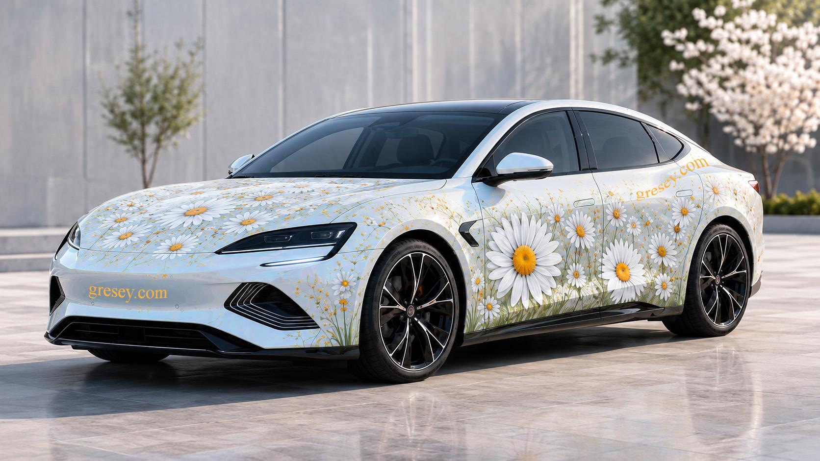 BYD SEAL у світлому перламутровому оформленні з ромашками на кузові та капоті.
