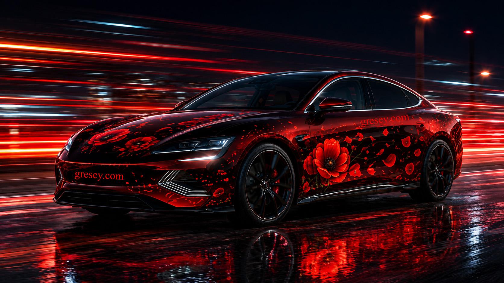 BYD SEAL у чорно-червоному оформленні з маками та пелюстками на тлі нічної траси.