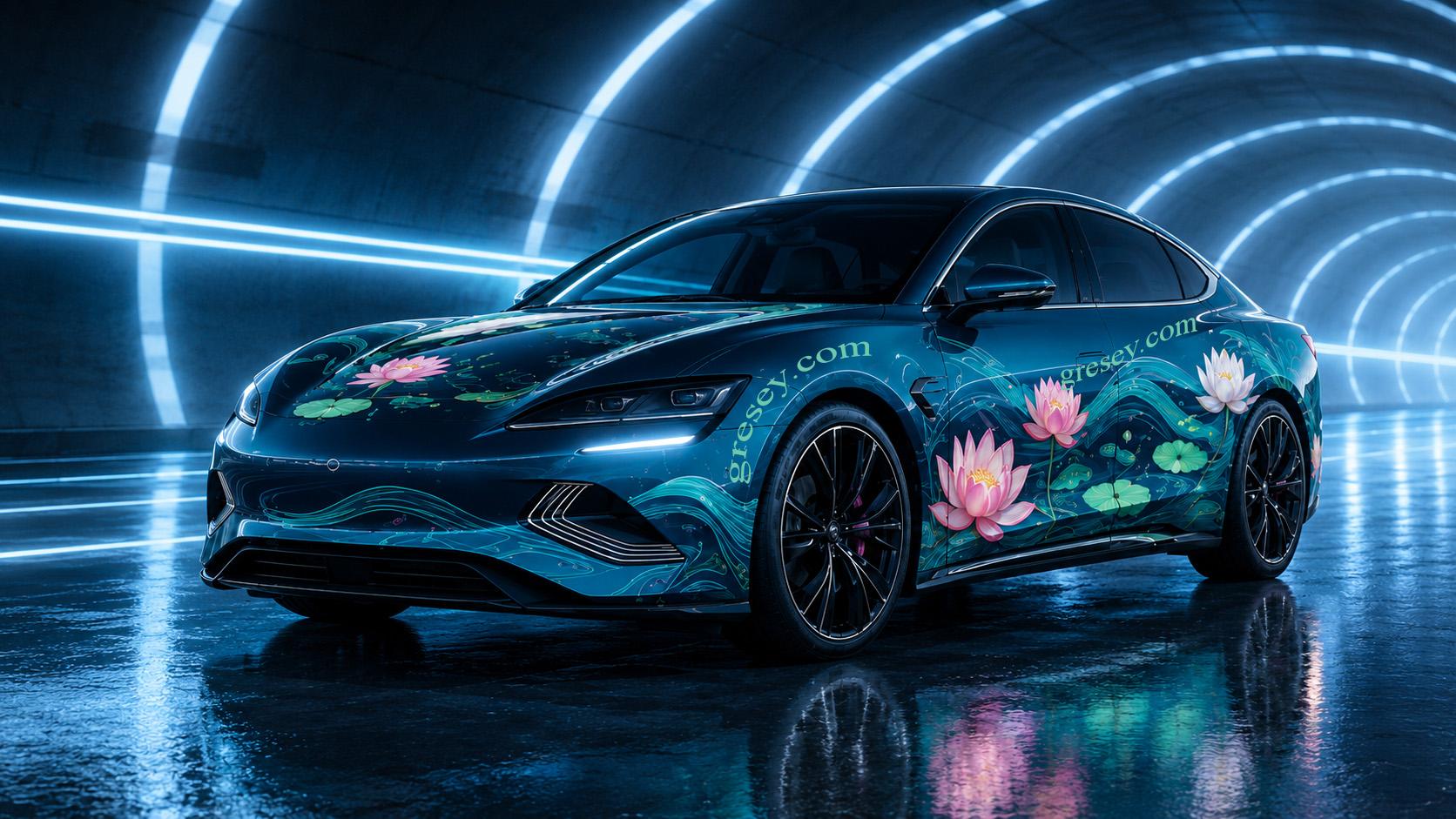 BYD SEAL у темно-синьому та бірюзовому оформленні з лотосами й водяними ліліями у футуристичному тунелі.