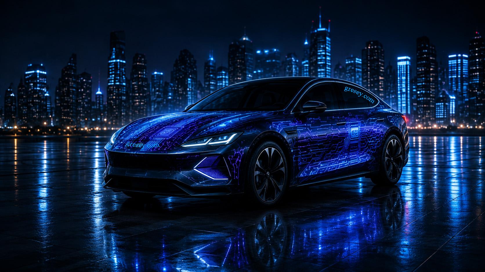 Електричний седан BYD SEAL на тлі нічного міста з синьо-фіолетовим цифровим візерунком електронних доріжок на кузові.
