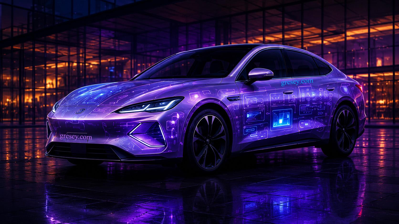Електричний седан BYD SEAL у фіолетовому цифровому стилі з графікою екранів та інтерфейсів на кузові.
