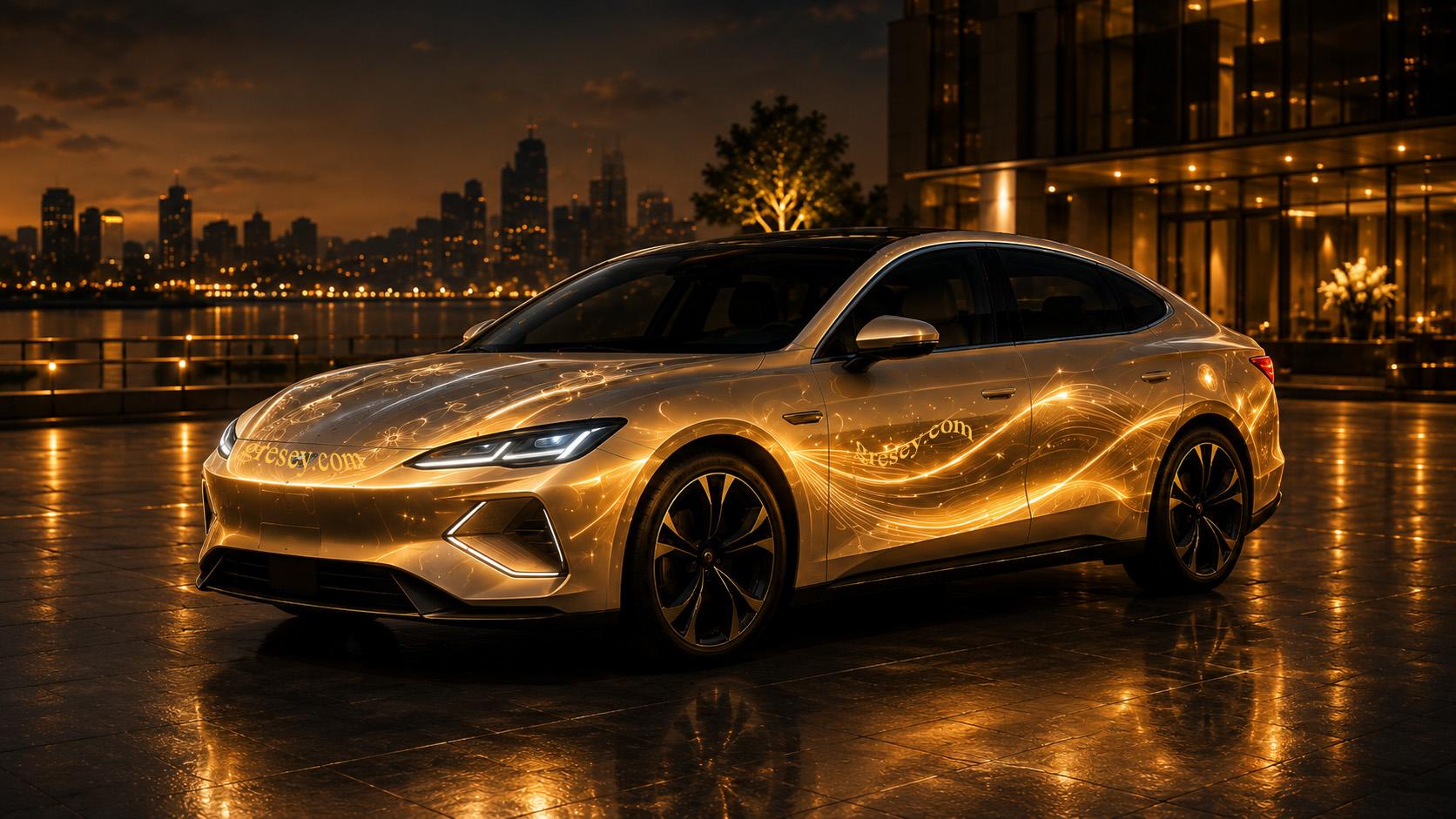 Електричний седан BYD SEAL у теплому золотистому оформленні з м’якими світловими хвилями, що підкреслюють комфорт і преміальність салону.