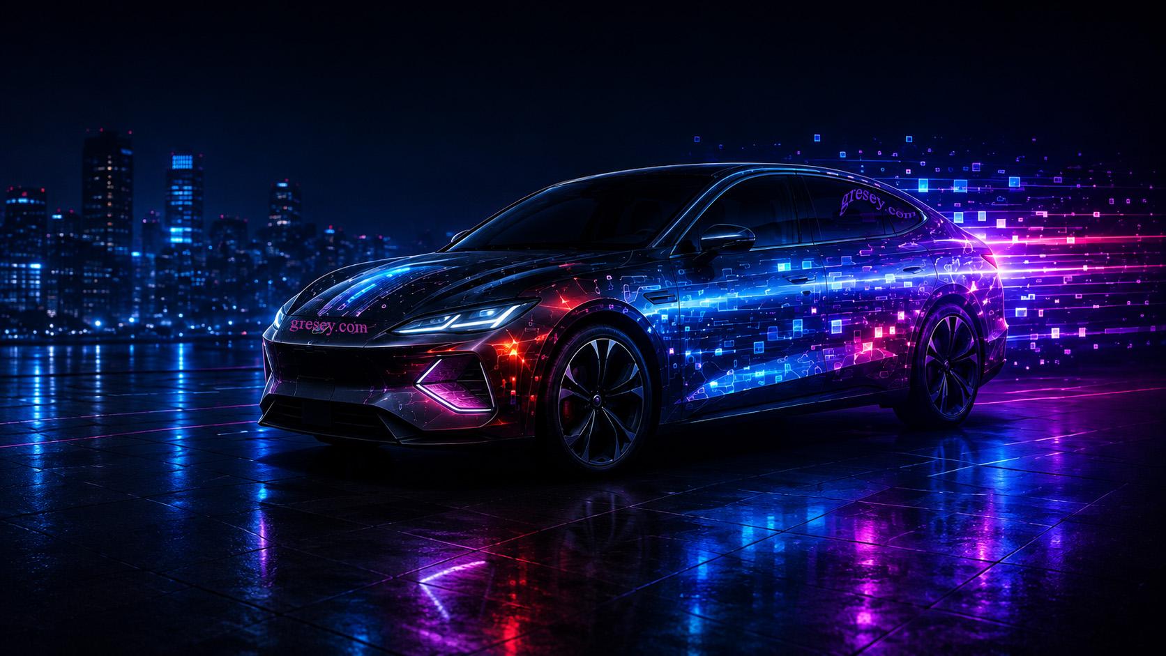 Електричний седан BYD SEAL з цифровими сенсорними контурами, лініями сканування та візуалізацією простору навколо автомобіля.