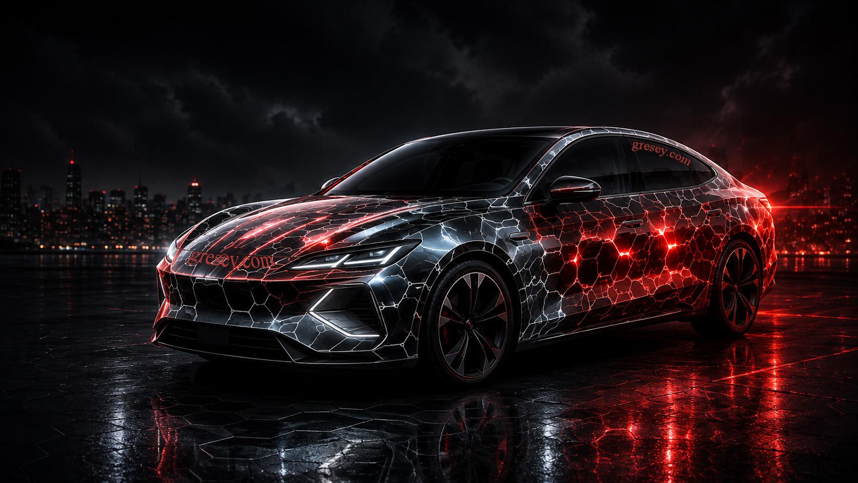  Електричний седан BYD SEAL у чорно-червоному стилі з захисною структурою з шестикутастих комірок на кузові.
