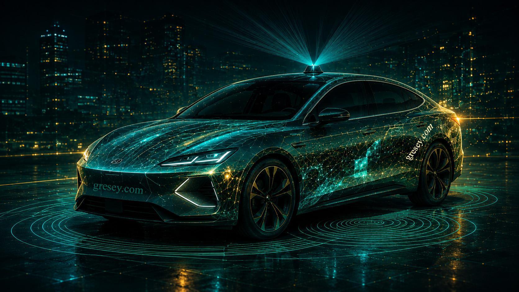  Електричний седан BYD SEAL у бірюзово-золотому цифровому стилі з візуалізацією лідара та точкового сканування над дахом.