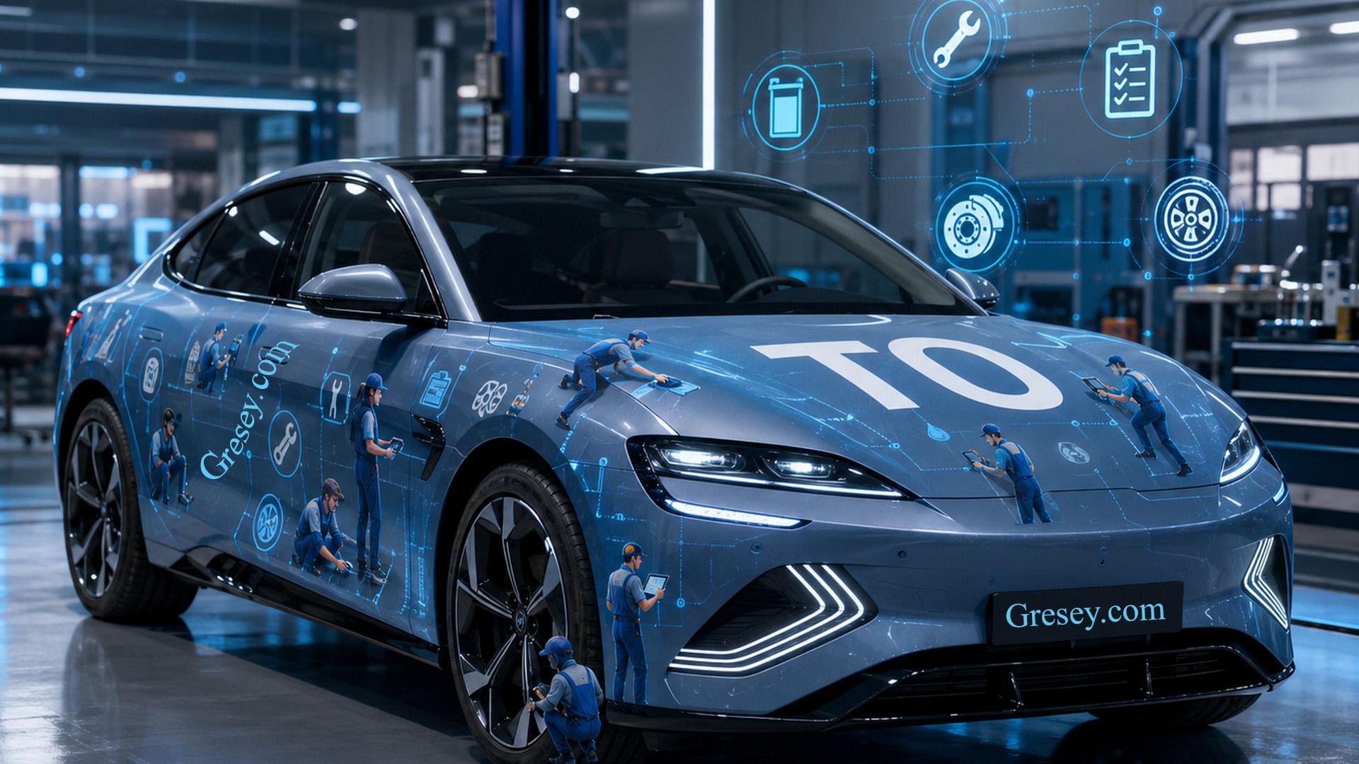 BYD SEAL у сучасному сервісному боксі з технічною графікою, сервісними іконками та мініатюрними фігурками майстрів на кузові.