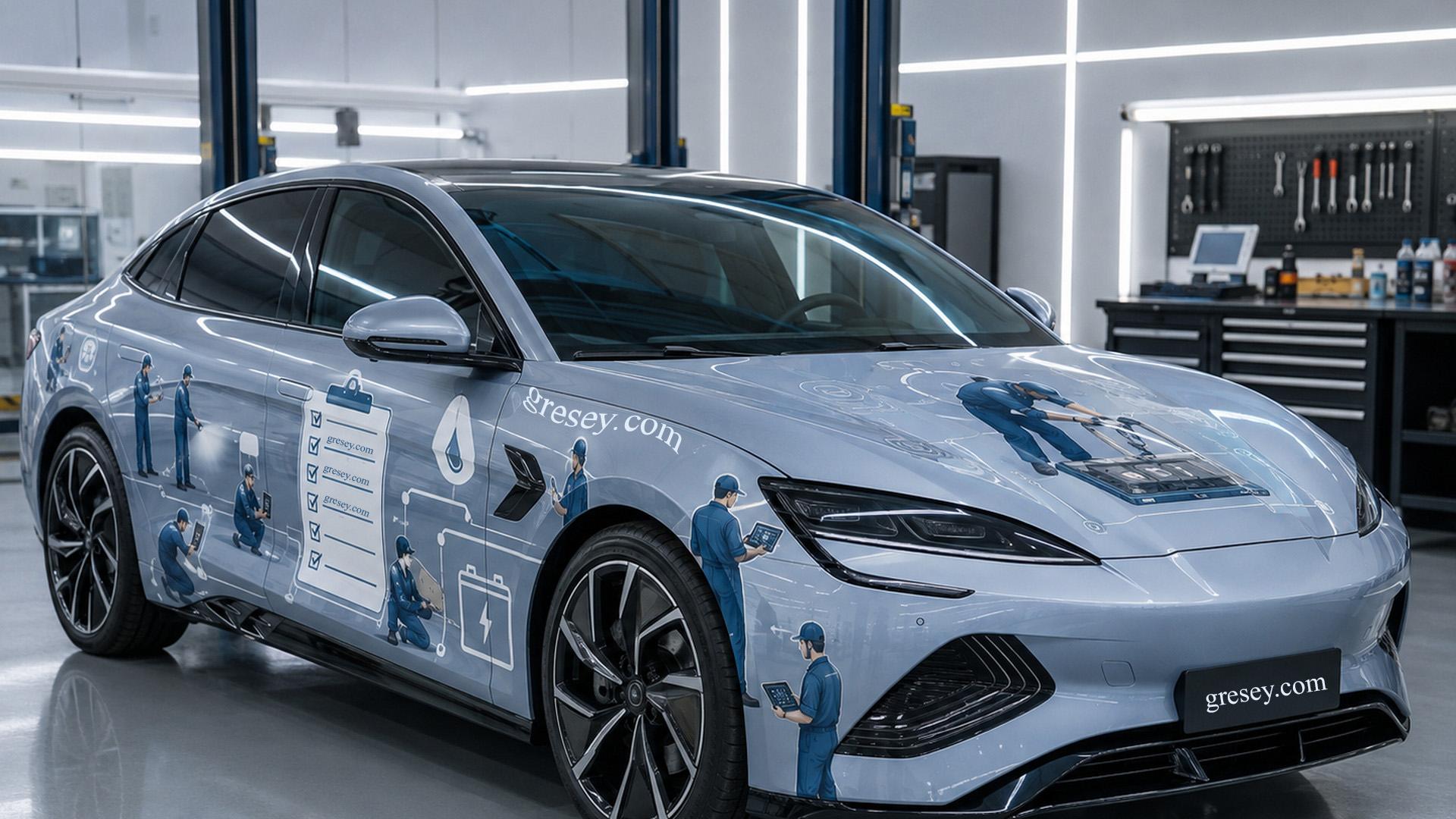 BYD SEAL у високотехнологічній майстерні з контрольним списком, іконками батареї та мініатюрними сервісними майстрами на кузові.