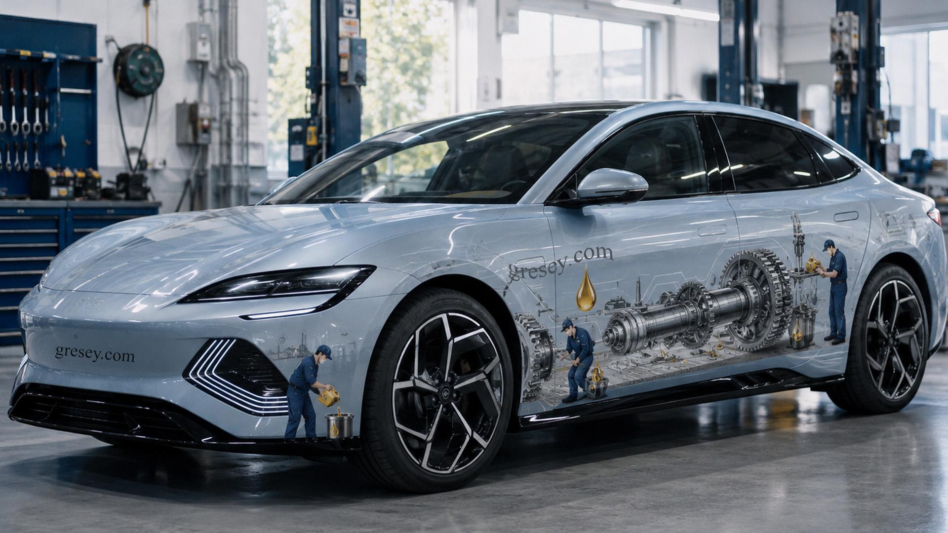 BYD SEAL у сервісному боксі з графікою редуктора, шестерень, крапель оливи та мініатюрними майстрами на кузові.