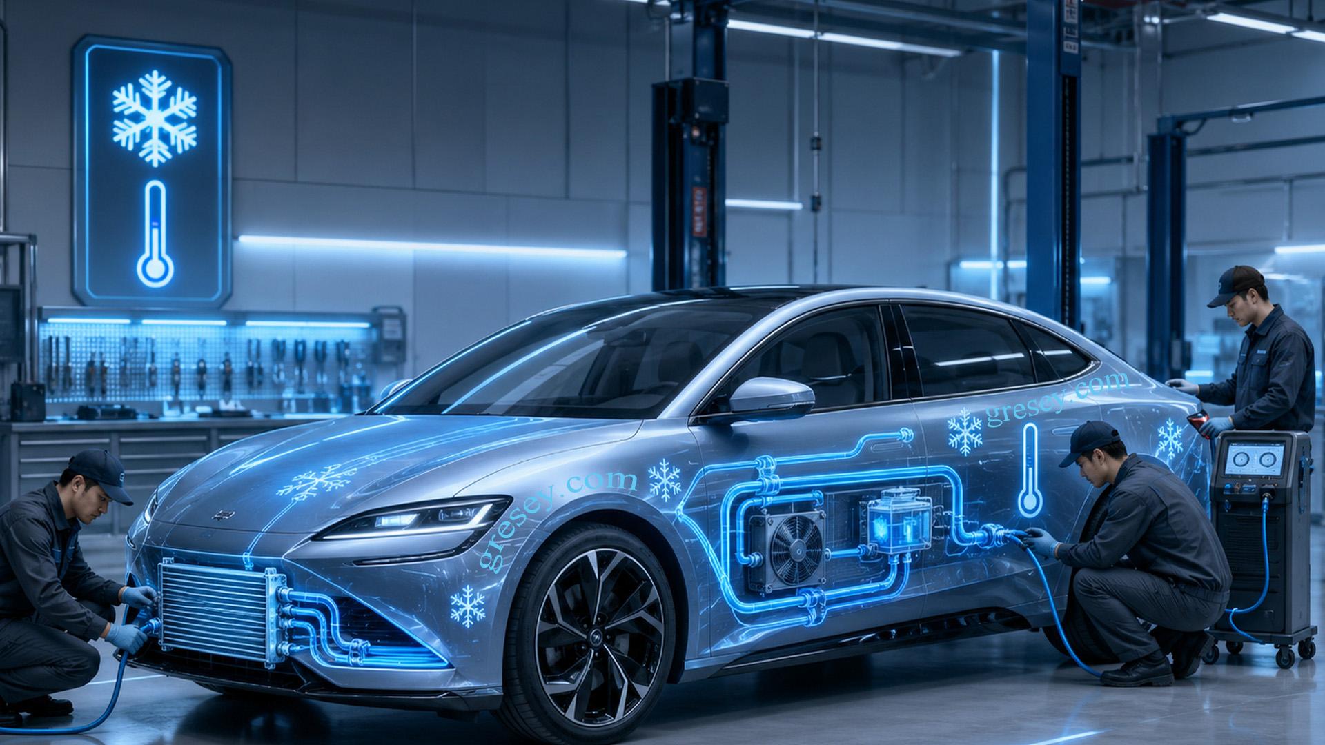 BYD SEAL у футуристичному сервісному гаражі з синіми лініями охолодження, радіатором, термометрами та іконками холодоагенту.