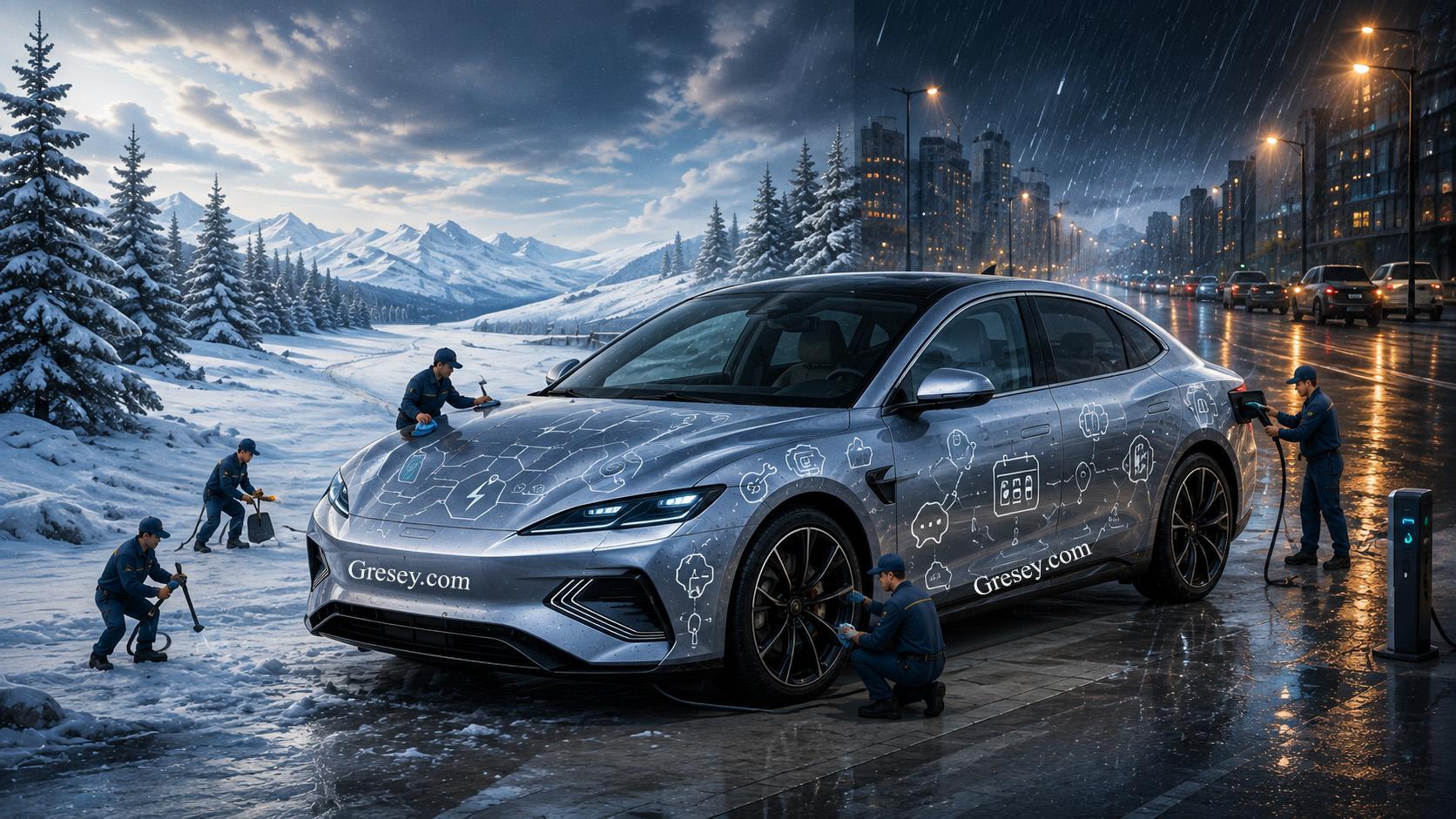 BYD SEAL на тлі міста, зарядної станції, снігу, дощу та сухої траси з піктограмами експлуатації на кузові.