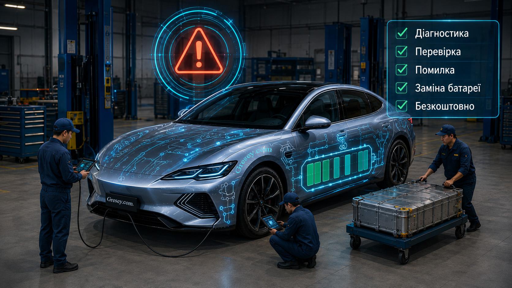 BYD SEAL у сервісному боксі з техніками, цифровою графікою батареї та діагностичними символами.