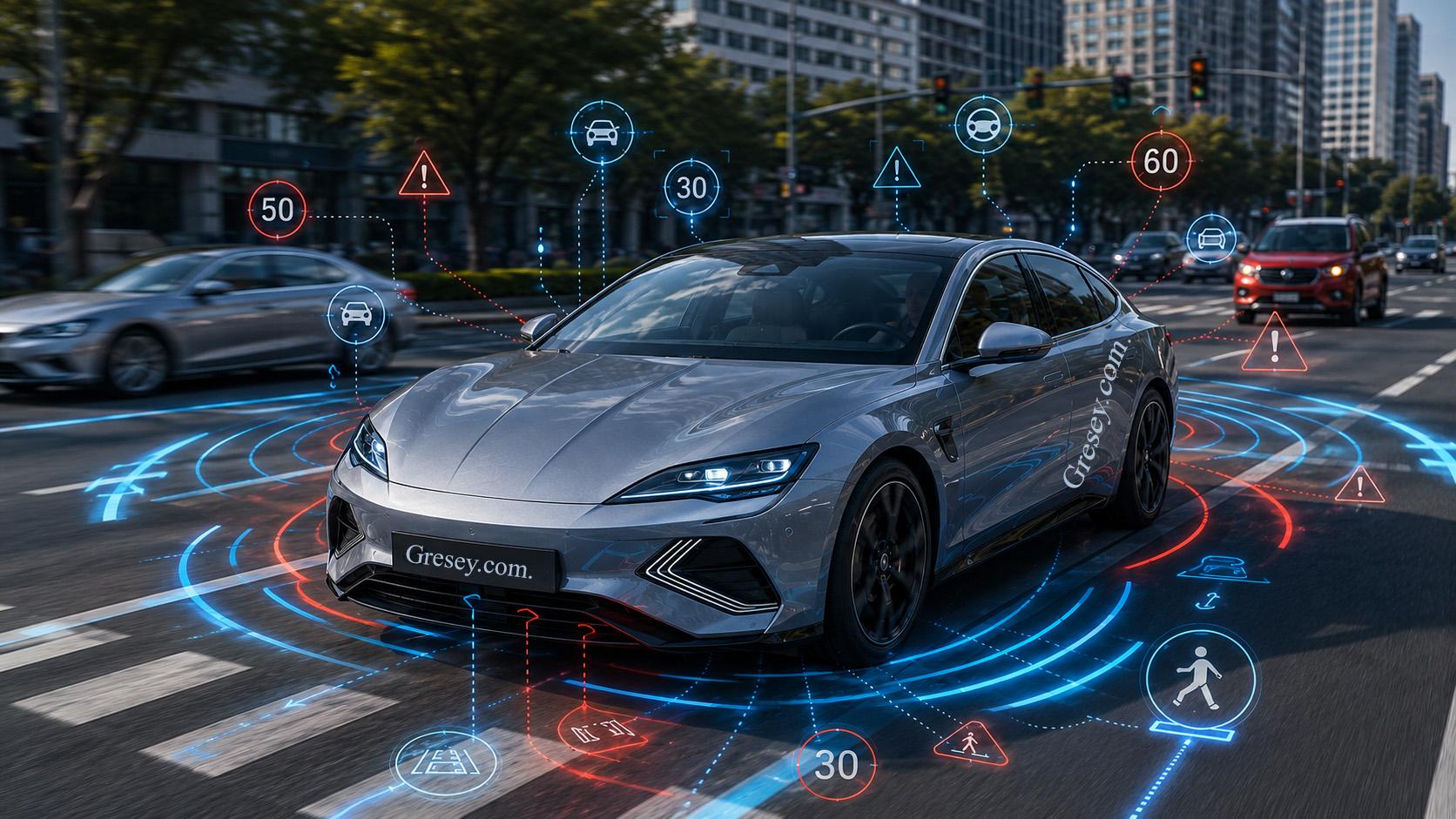 BYD SEAL у міському русі з шарами доповненої реальності, попереджувальними значками, радарними дугами та дорожніми обмеженнями.
