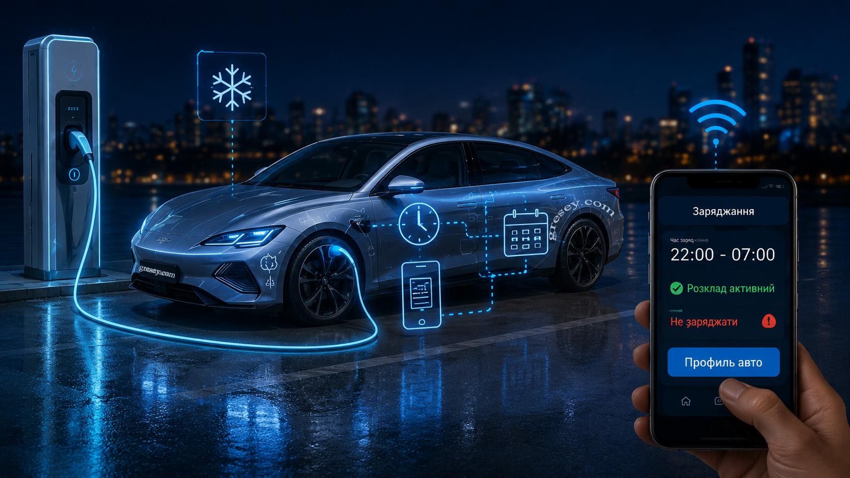 BYD SEAL на нічній зарядній станції з синіми голографічними індикаторами батареї, смартфоном і символом сніжинки.
